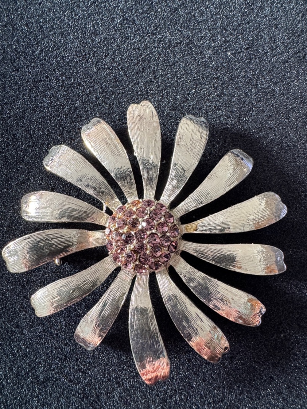 Silver Daisy Flower Brooch with Pink Crystal Center